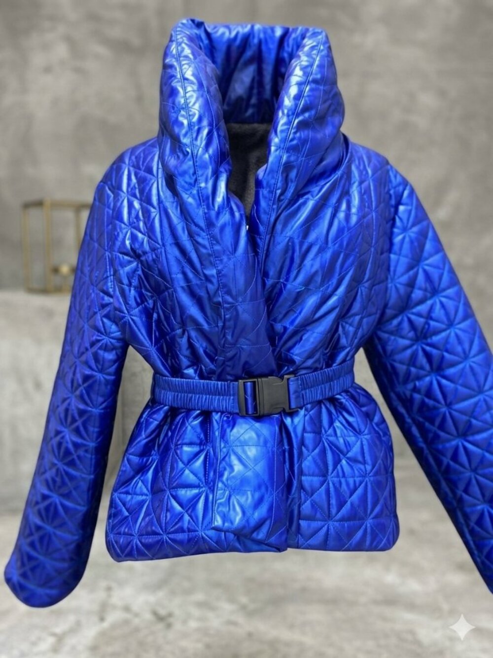 Royal Blue Quilted Belted Puffer Jacket – High Collar